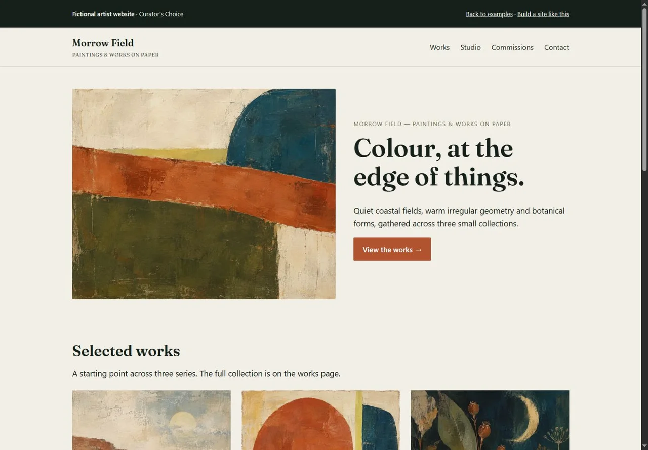 Morrow Field painter website with a warm ivory layout and abstract paintings