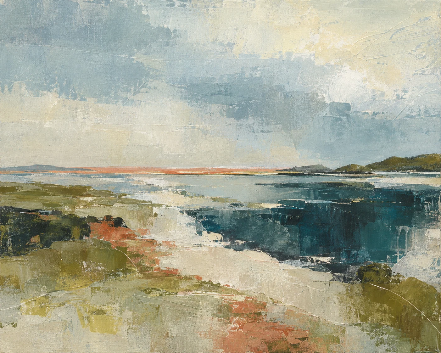 An abstract coastal landscape with a pale blue sky, olive shore, coral horizon and deep petrol water.