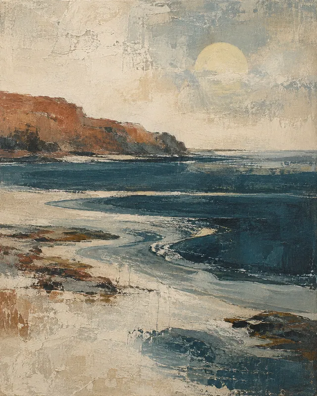 A pale moon above a rust headland and dark petrol-blue tidal water, painted with chalky, textured marks.