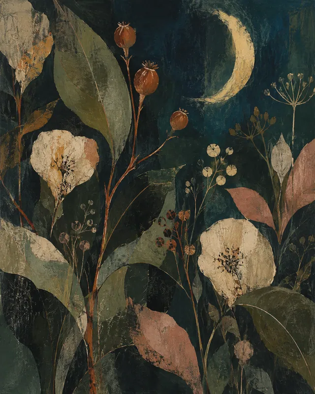 Chalk flowers, olive leaves and rust seed pods on a deep petrol ground beneath a pale crescent moon.