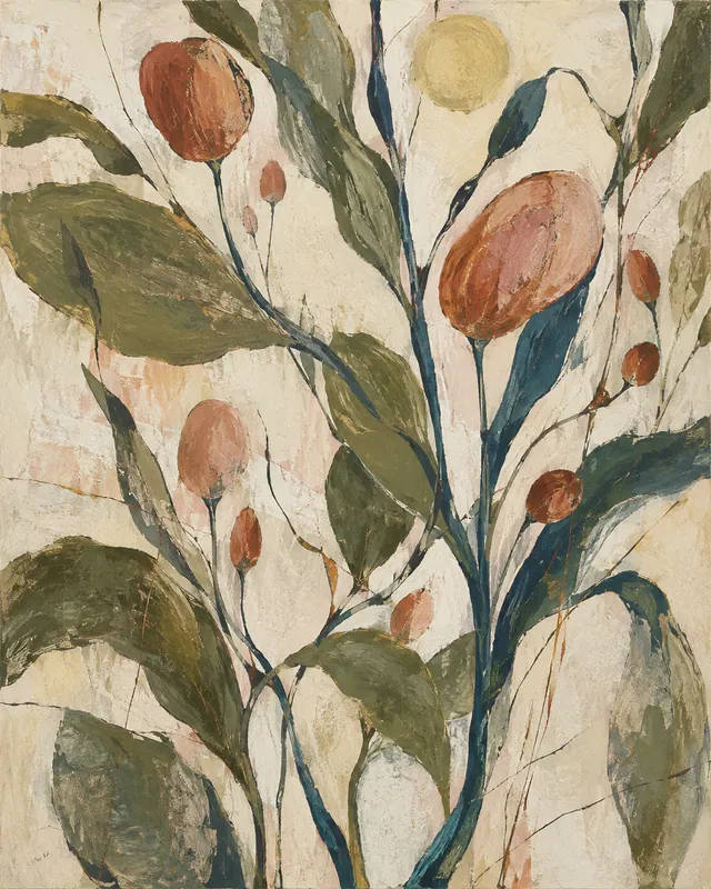 Olive leaves and rust seed forms branching through warm ivory, with petrol stems and a pale citron sun.