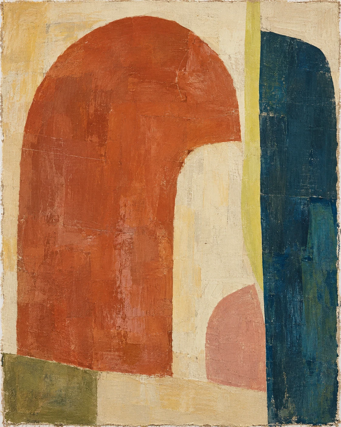 A broad terracotta arch beside a petrol-blue vertical shape, with citron and dusty-rose accents on ivory.