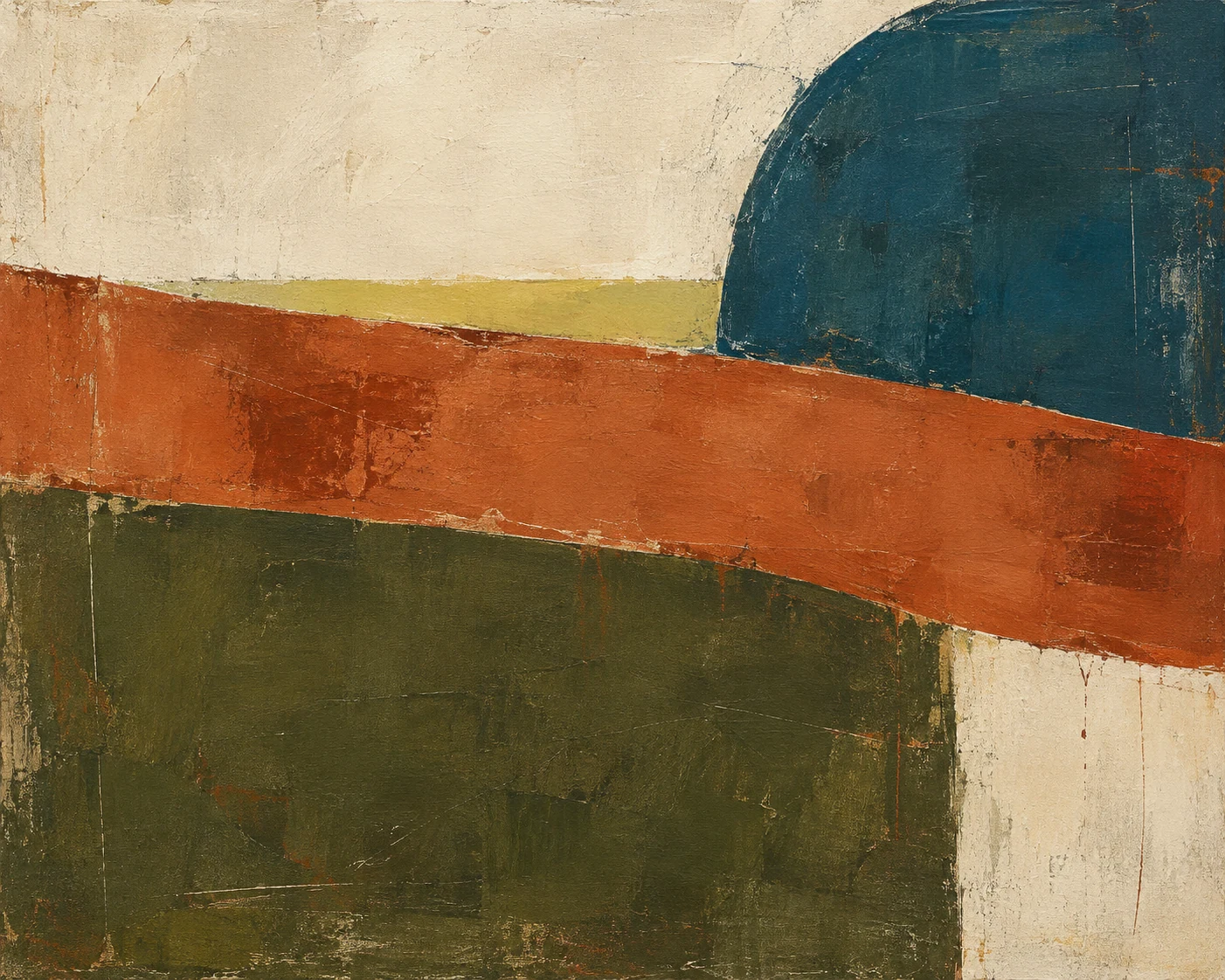 A wide rust band crossing an olive field beneath a curved petrol-blue shape and pale citron line.