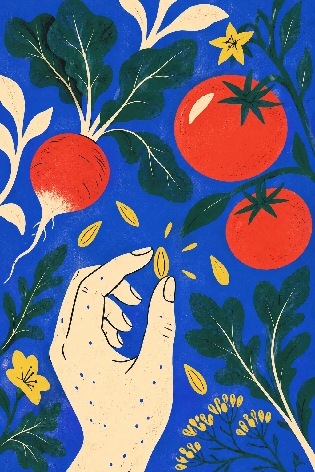 A cream hand dotted with blue holds a yellow seed among red tomatoes, a radish, teal leaves and yellow flowers against a cobalt background.