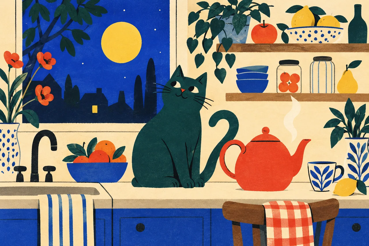 A teal cat sits beside a red teapot on a kitchen counter beneath a yellow moon, surrounded by bowls, lemons, plants and unmarked jars.