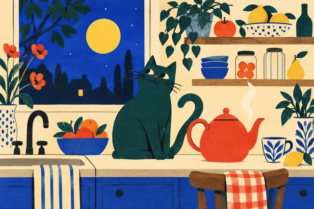 A teal cat sits beside a red teapot on a kitchen counter beneath a yellow moon, surrounded by bowls, lemons, plants and unmarked jars.